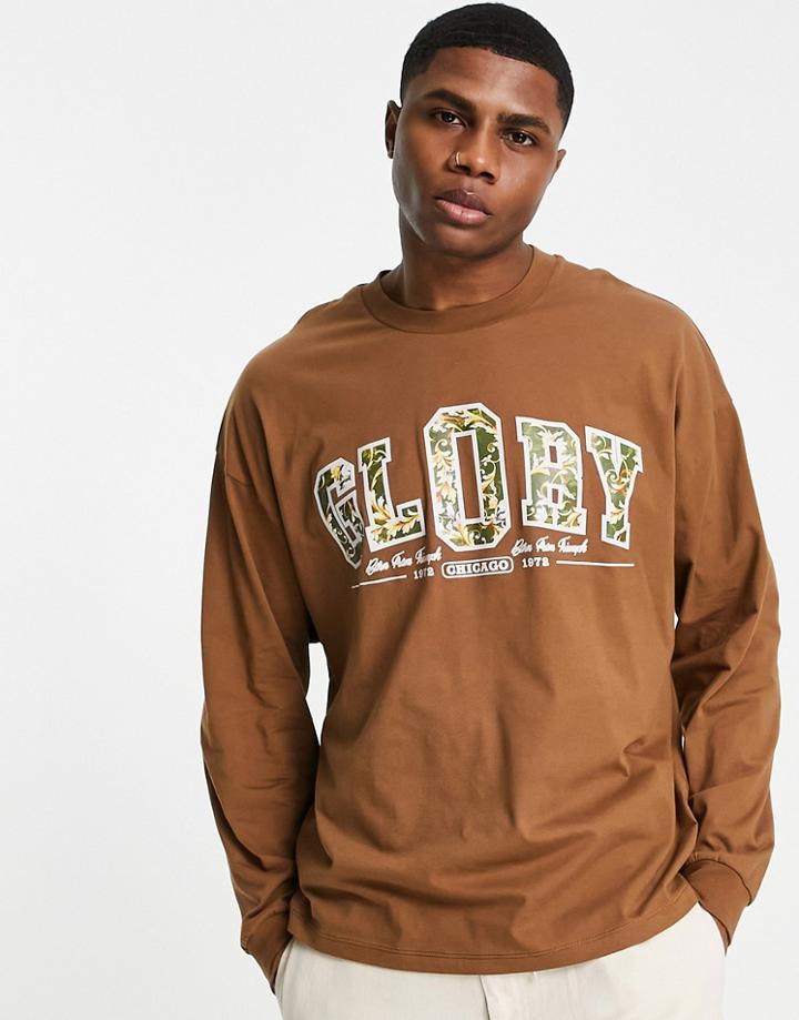 Asos Design Oversized Long Sleeve T-shirt In Brown With Floral Collegiate Chest Print - Tan