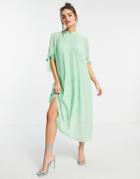 Asos Design Pleated Trapeze Midi Dress With Tie Sleeves In Pistachio Green