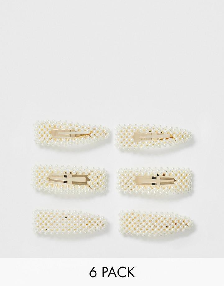 Asos Design Pack Of 6 Large Hair Clips In Mixed Pearl Shapes - Multi