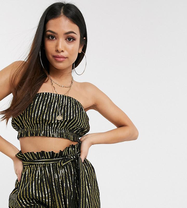 Asos Design Petite Metallic Tie Back Bandeau Beach Top Two-piece In Black And Gold-white