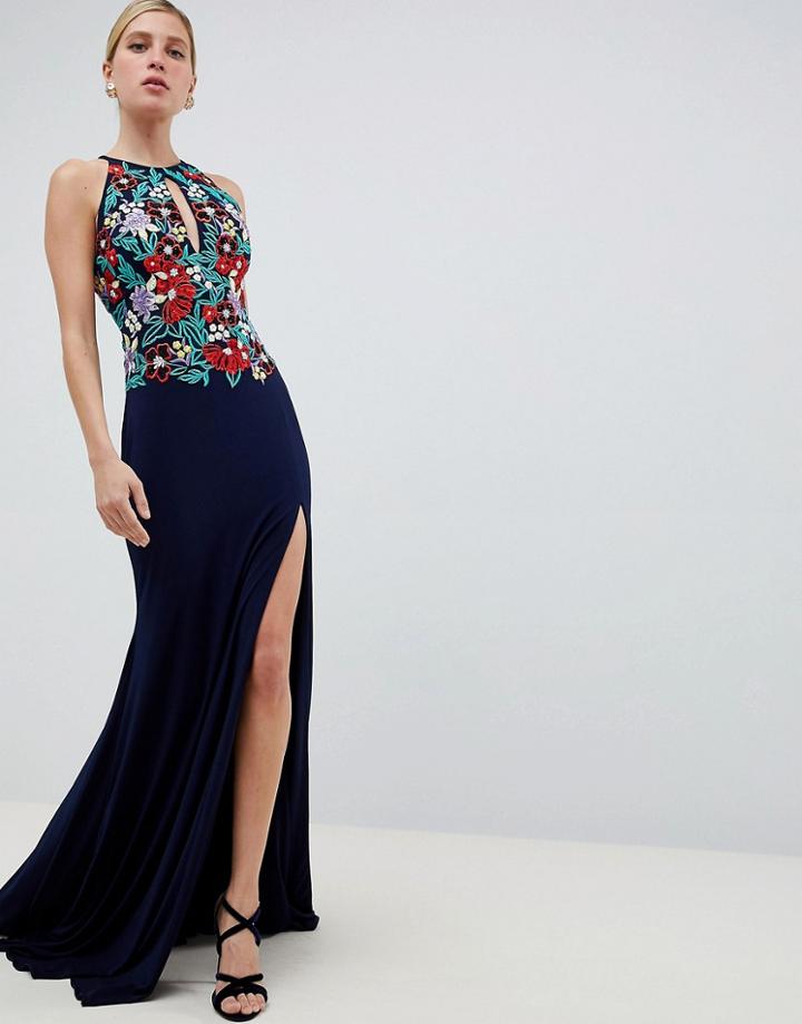 Jovani Embroided Keyhole Maxi Dress - Navy