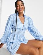 Asos Design Plunge Collared Shirt Romper In Blue Gingham-multi