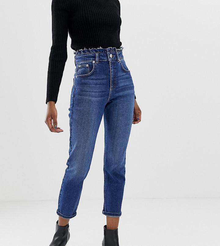 Asos Design Petite Farleigh Slim Mom Jeans With Frill Waistband In Mid Wash Blue