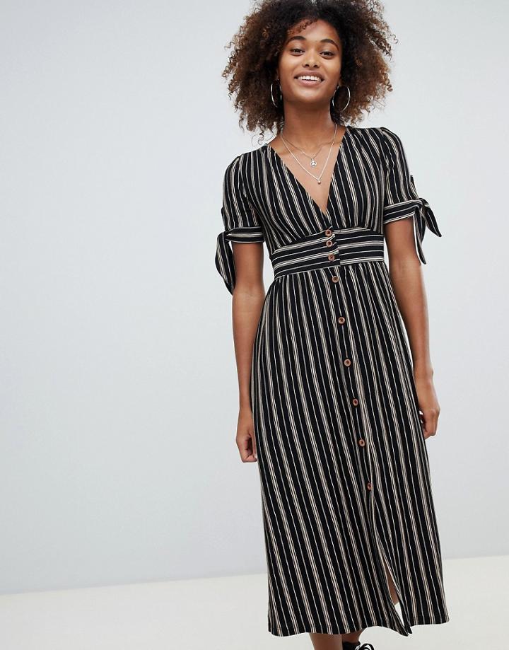 Pull & Bear Stripe Button Through Midi Dress In Navy - Multi