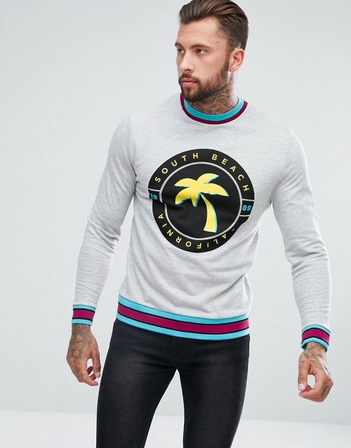 Asos Sweatshirt With Tipped Ribs & Front Print - Gray