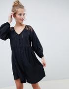 Asos Design V Neck Button Through Mini Smock Dress With Long Sleeves And Lace Inserts-black