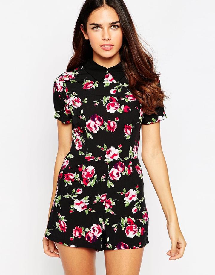 Ax Paris Floral Romper With Collar - Black