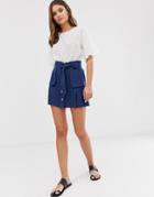 Asos Design Linen Pleat Mini Skirt With Button Front And Pockets - Navy