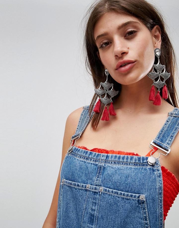Asos Tiered Fan And Tassel Drop Earrings - Silver