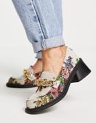 Asos Design Sergio Mid Heeled Loafers With Chain In Jacquard-multi