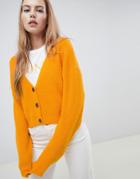 Asos Design Cardigan In Fluffy Yarn With Buttons - Yellow