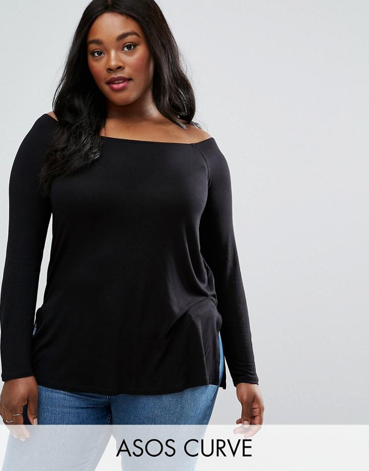 Asos Curve Off Shoulder Slouchy Top With Side Split - Black