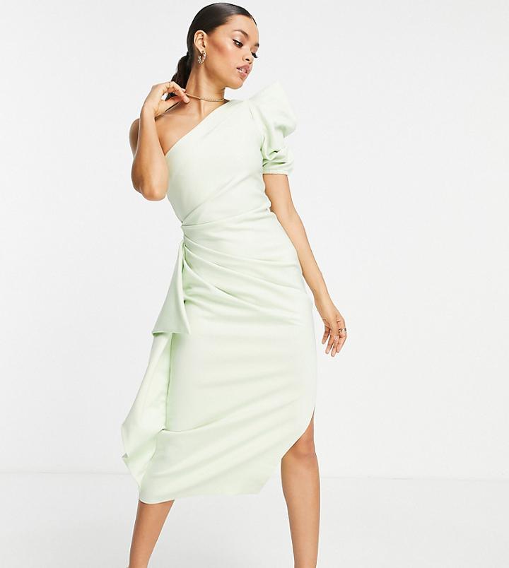 Asos Design Petite One Shoulder Puff Sleeve Ruffle Midi Dress In Lime-green
