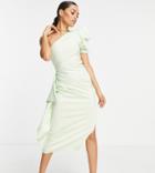 Asos Design Petite One Shoulder Puff Sleeve Ruffle Midi Dress In Lime-green