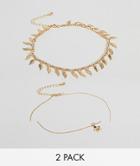 Asos Design Curve Pack Of 2 Feather And Petal Chain Anklets - Gold