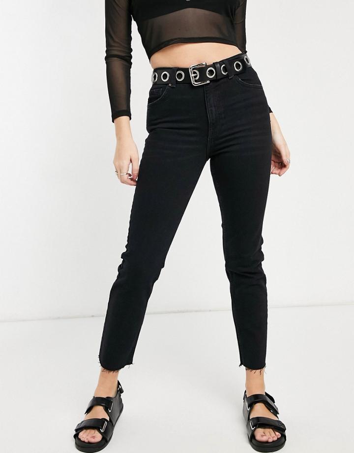 Bershka Cotton Straight Jeans With Raw Hem In Black