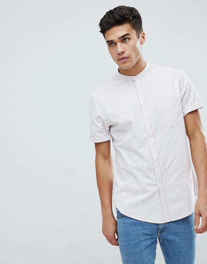 Asos Stretch Slim Oxford Stripe Shirt In Pink - Pink