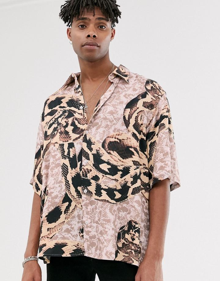 Heart & Dagger Oversized Snake Print Shirt - Beige