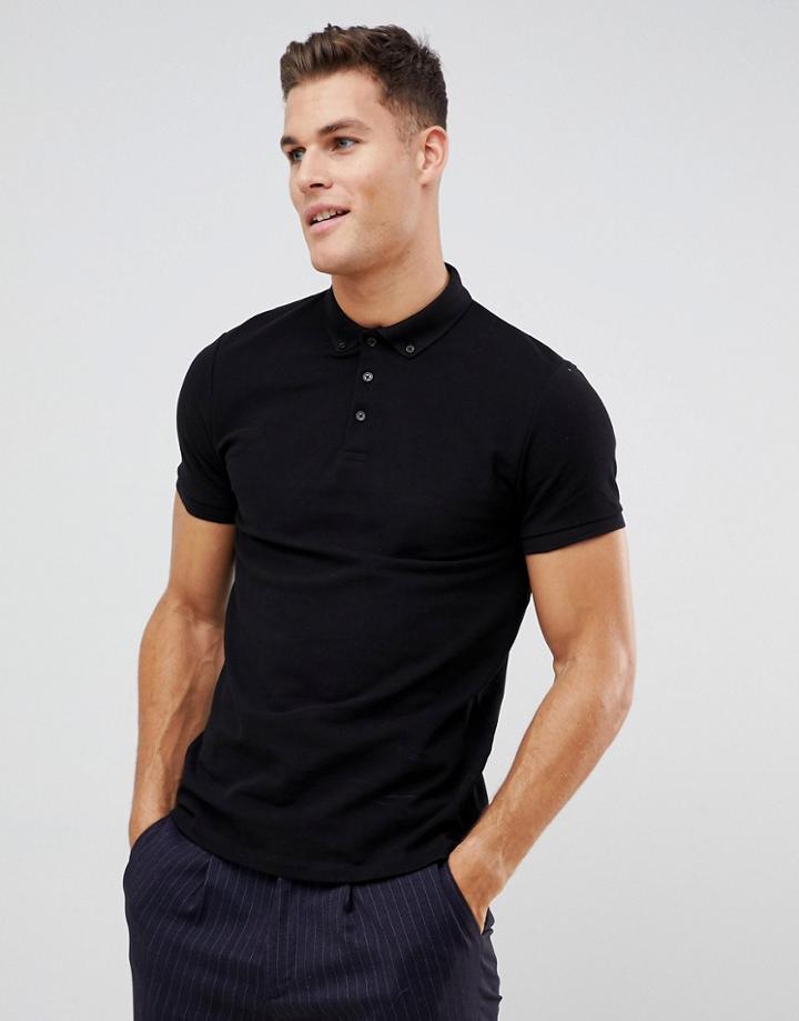 Asos Design Pique Polo With Button Down Collar In Black
