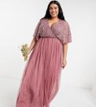 Maya Plus Bridesmaid Cape Detail Wrap Maxi Dress In Delicate Sequin With Tulle Skirt In Rose-pink