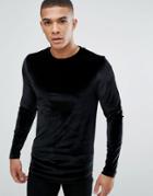 Asos Longline Muscle Long Sleeve T-shirt In Velour With Curved Hem In Black - Black