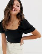 Asos Design Shirred Top With Puff Sleeve - Black