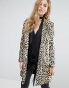 Mango Faux Fur Leopard Print Coat - Brown