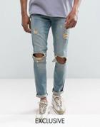 Mennace Slim Fit Jean With Extreme Rips In Vintage Blue Wash - Blue