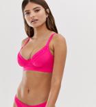 Asos Design Fuller Bust Exclusive Lace Insert Underwired Bikini Top In Neon Pink Dd-g