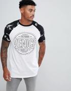 Asos Design Relaxed Longline T-shirt With Floral Raglan Sleeves And City Print - White