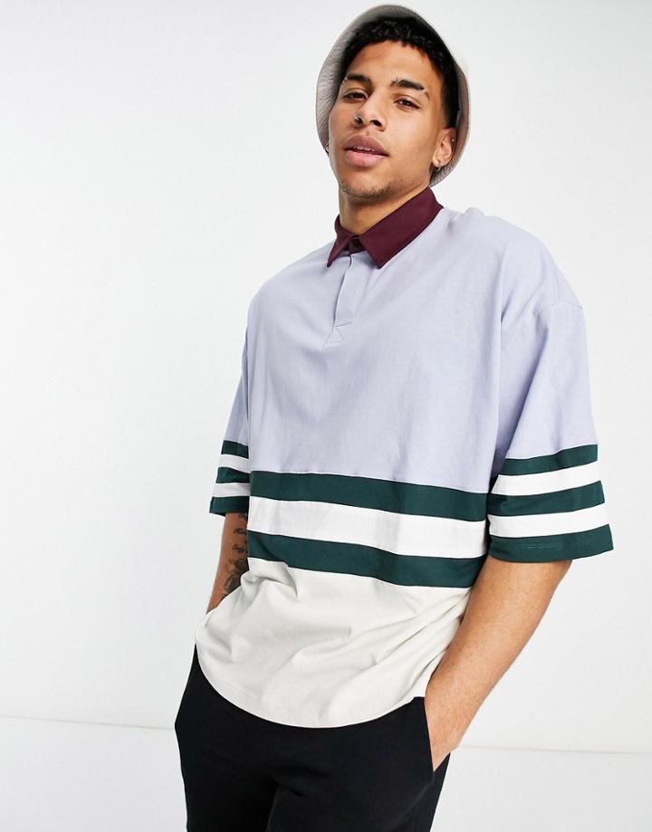 Asos Design Oversized Polo Shirt In Blue With Contrast Stripes-blues