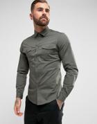 Asos Slim Fit Two Pocket Shirt In Khaki - Green