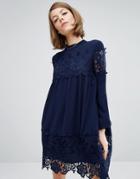 Fashion Union Smock Dress With Lace Inserts - Navy
