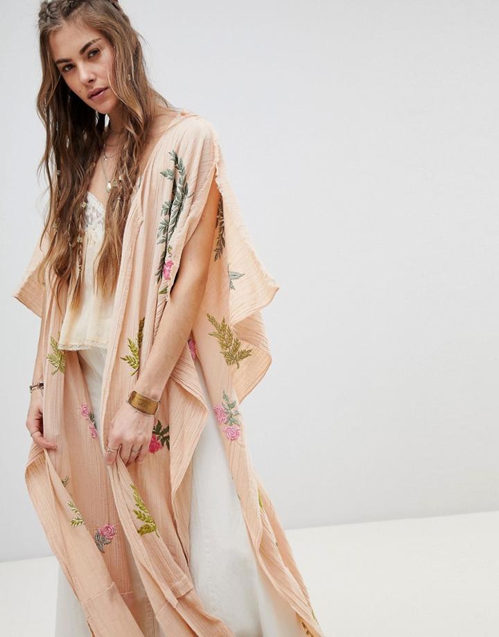 Aratta Premium Maxi Kimono With Tropical Embroidery - Beige