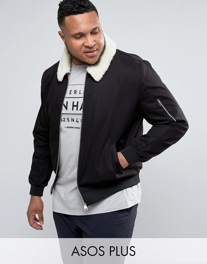 Asos Plus Cotton Bomber Jacket With Fleece Collar In Black - Black