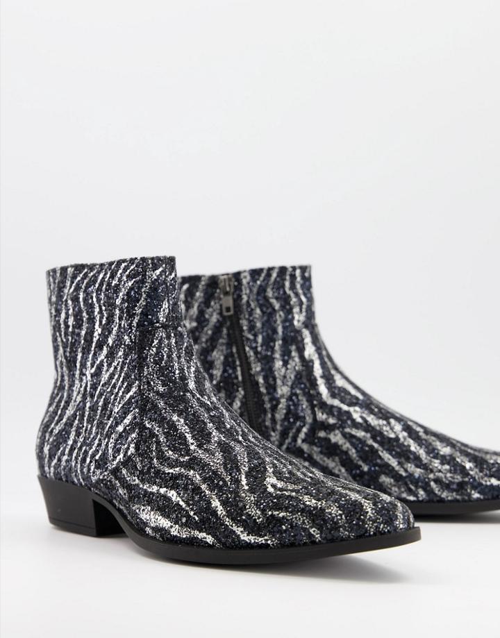 Asos Design Cuban Heel Western Chelsea Boots In Zebra Print Glitter-silver