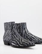 Asos Design Cuban Heel Western Chelsea Boots In Zebra Print Glitter-silver