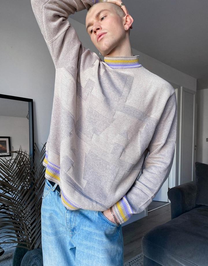 Asos Design Knitted Turtle Neck Sweater With Embossed Pattern In Gray-grey