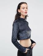 Asos Top With High Neck And Long Sleeves In All Over Sequin - Navy
