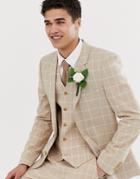 Asos Design Skinny Suit Jacket In Camel Linen Windowpane Check - Beige