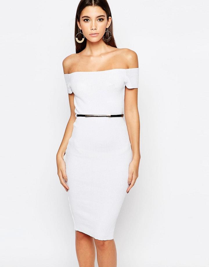 Michelle Keegan Loves Lipsy Rib Bardot Midi Dress - White