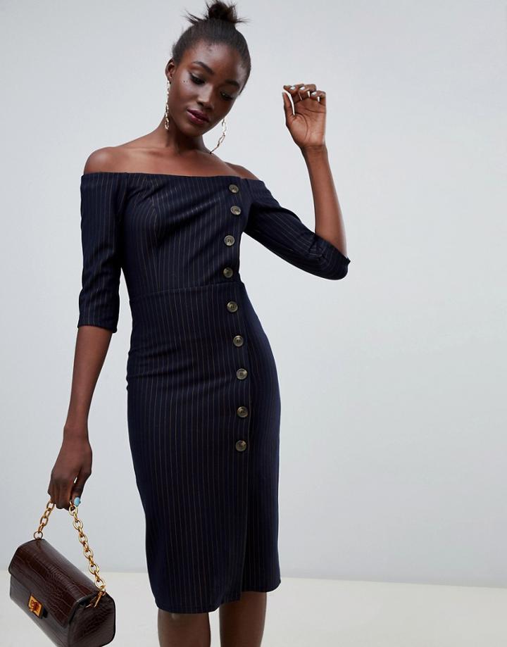 River Island Off The Shoulder Pencil Dress With Button Detail In Pinstripe-navy