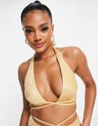 Asos Design Cross Over Wrap Crop Bikini Top In Champagne-white