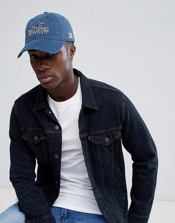 Hollister Logo Dad Baseball Cap In Washed Navy - Navy
