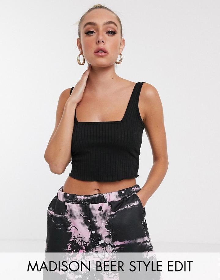 Asos Design Crop Cami With Square Neck And Lettuce Hem In Black