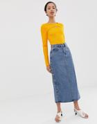 Dr Denim Midi Skirt With Button Detail - Blue