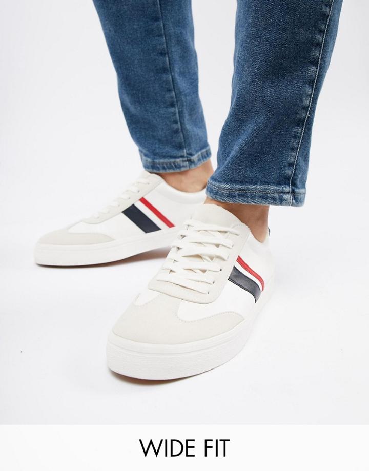 Asos Design Wide Fit Retro Sneakers In White With Navy And Red Stripe
