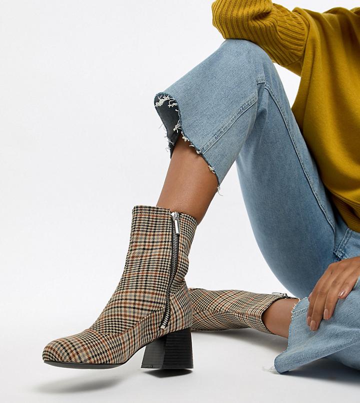 Monki Check Heeled Ankle Boots In Brown - Multi