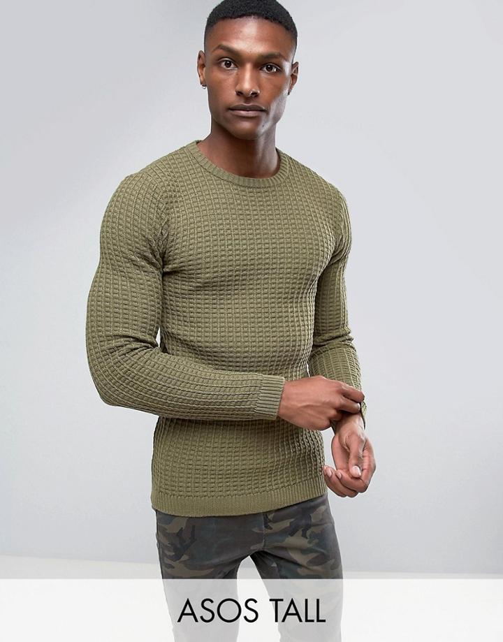 Asos Tall Muscle Fit Textured Sweater In Khaki - Green