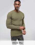 Asos Tall Muscle Fit Textured Sweater In Khaki - Green